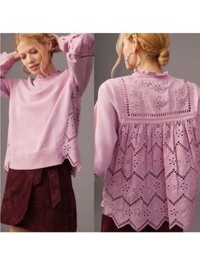 Anthropologie Forever That Girl Eyelet Cotton Sweatshirt Lilac Small 100% Cotton